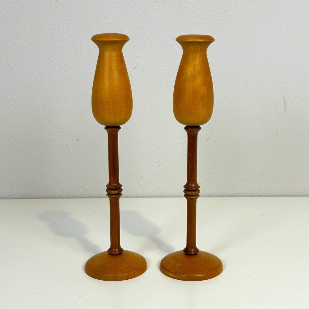 2 Artisan Wood Turned Candlestick Holders 12” Maple & Black Walnut, Signed